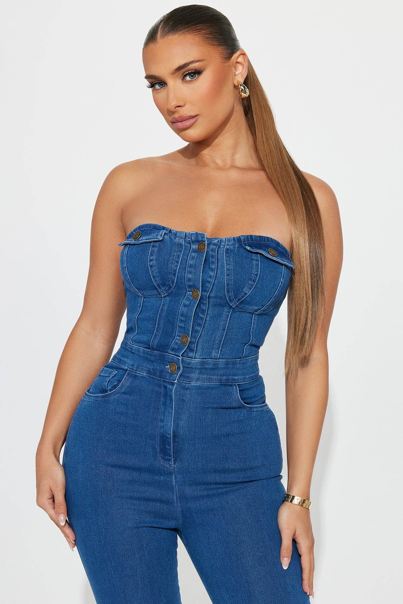 DENIM STRAPLESS BUTTON UP JUMPSUITS: LIGHT DENIM / L