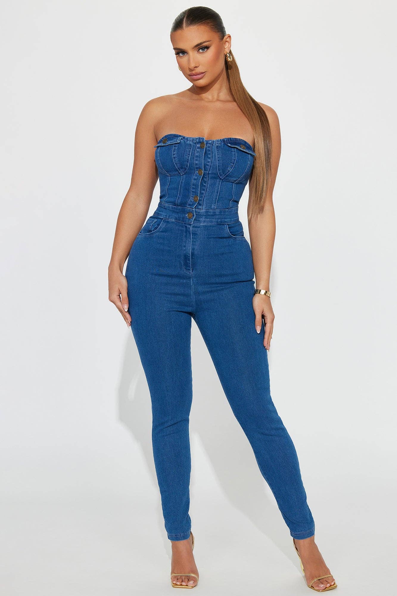 DENIM STRAPLESS BUTTON UP JUMPSUITS: LIGHT DENIM / S