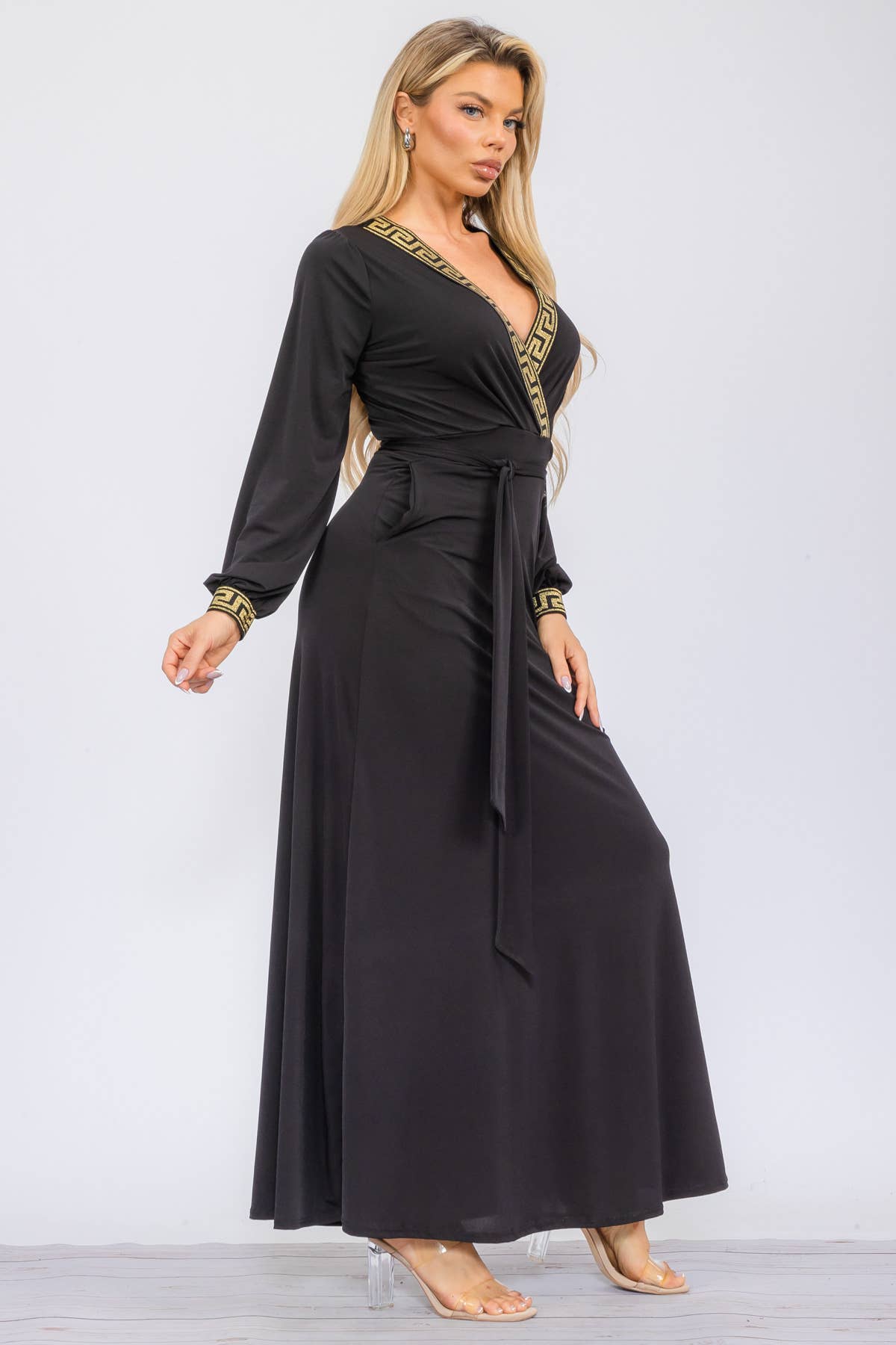 HH747R-S - Geometric Detail Maxi Wrap Dress: Black / S