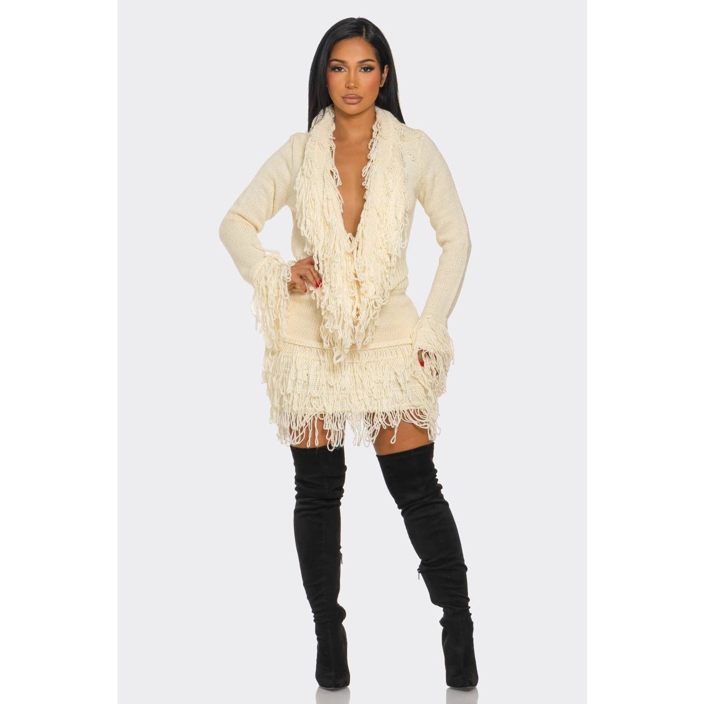 FRINGE TEXTURE KNIT SWEATER SKIRT SET: CREAM / S-M-L(2-2-2)