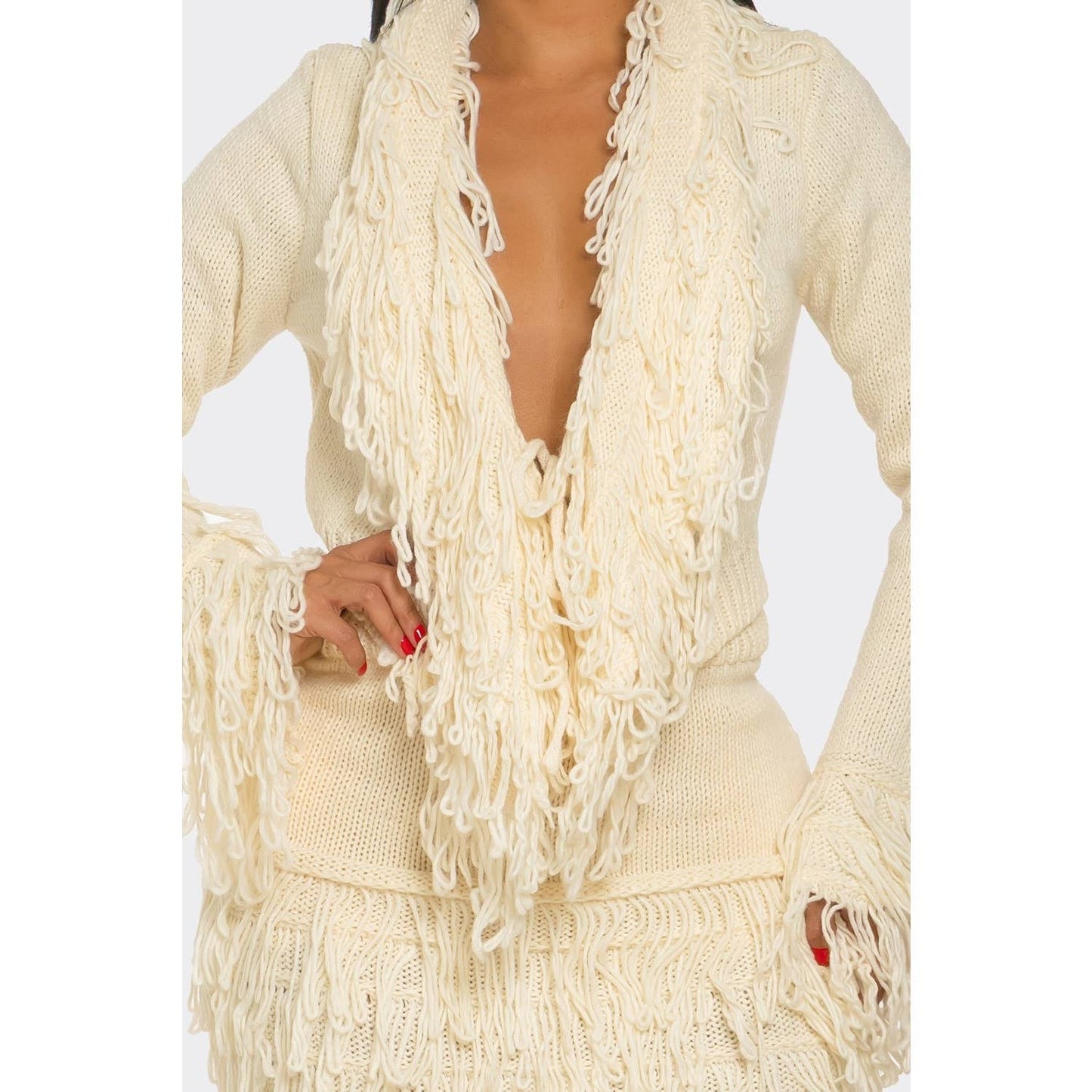 FRINGE TEXTURE KNIT SWEATER SKIRT SET: CREAM / S-M-L(2-2-2)