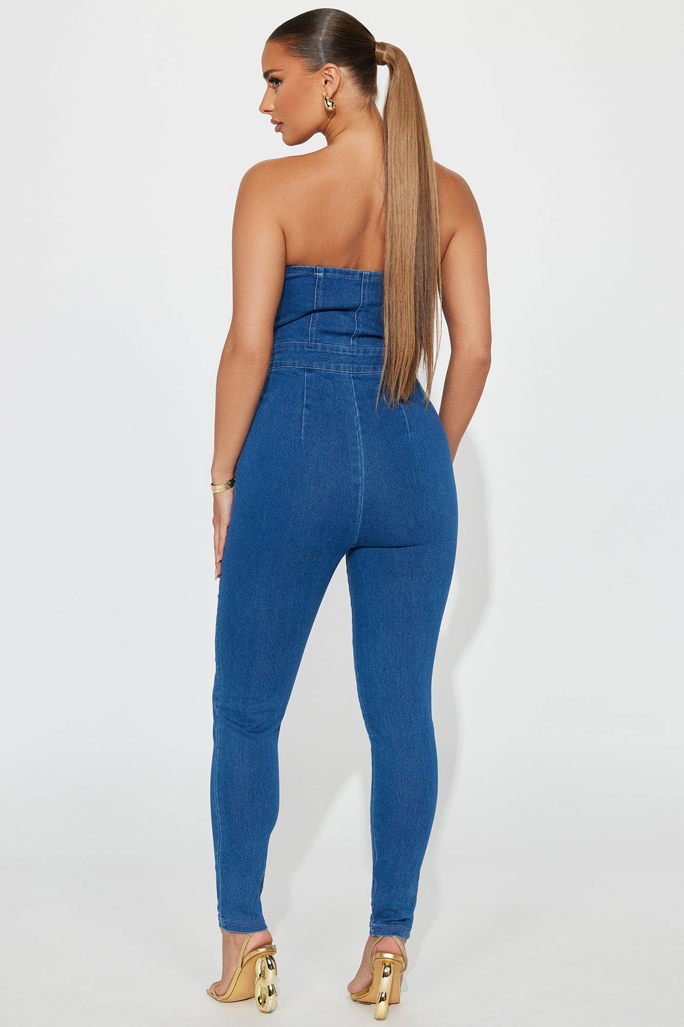 DENIM STRAPLESS BUTTON UP JUMPSUITS: LIGHT DENIM / S