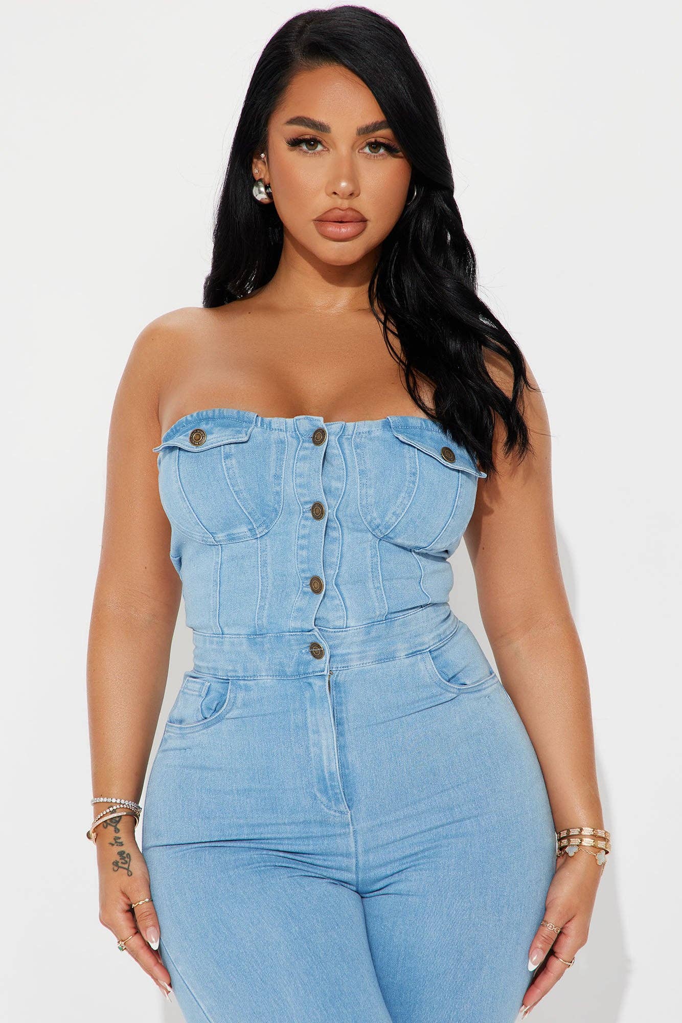 DENIM STRAPLESS BUTTON UP JUMPSUITS: LIGHT DENIM / M