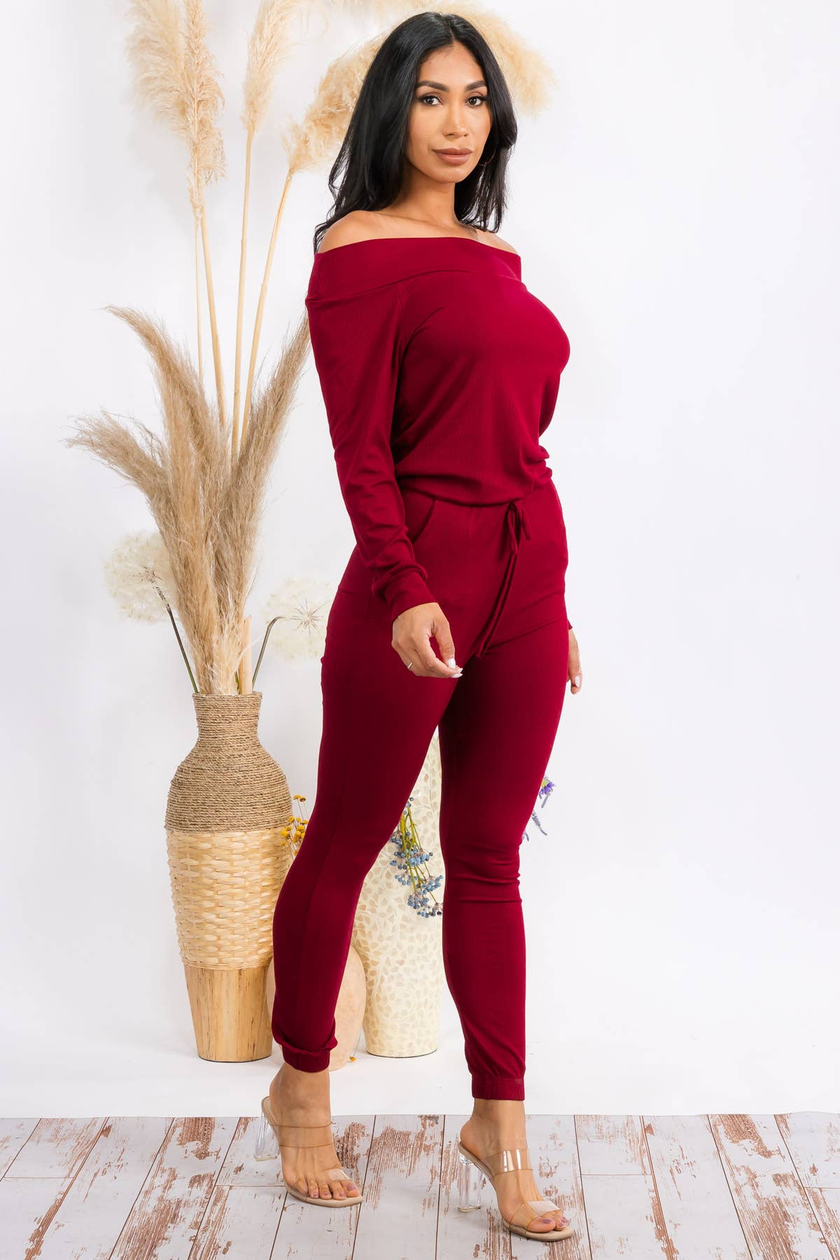 HH620X-SOLID - Off Shoulder Jumpsuit: Burgundy / 2XL